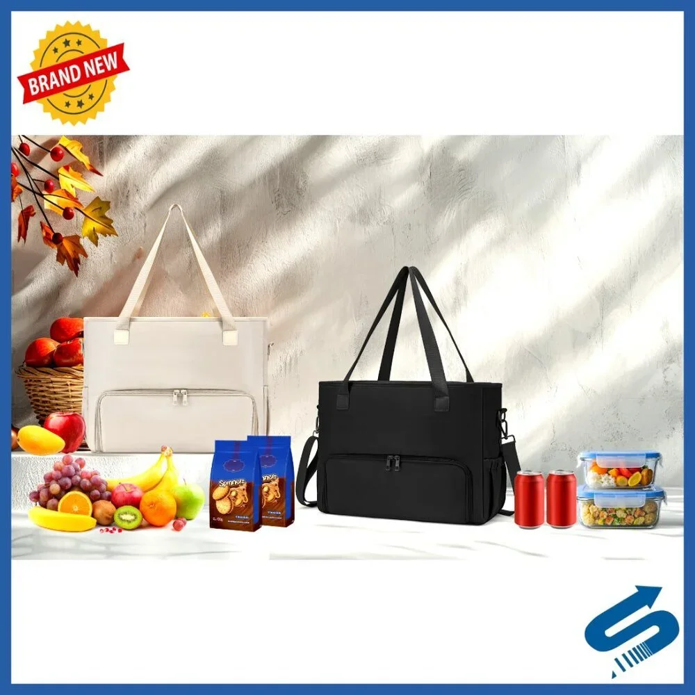 Canvas Tote Bag with Insulated Lunch Compartment and Laptop Sleeve